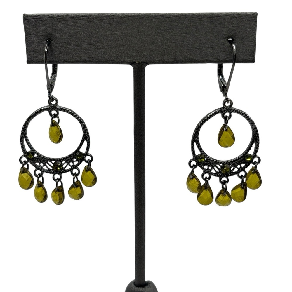 Chandelier Earrings‎ Pierced Green Yellow Tear Drop Faceted Beads Gun Metal Tone